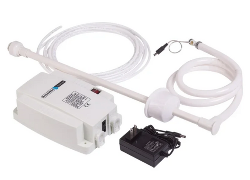 An image showing a bottled water dispensing system, including the pump unit, tubing, and other components, predominantly in white color.