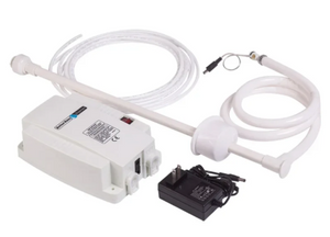 An image showing a bottled water dispensing system, including the pump unit, tubing, and other components, predominantly in white color.